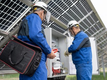 Two Service Engineers or electrician working on checking transformer site and solving problem for green energy solar power plant operation. Technician maintenance solar cells on Solar Energy Plant.