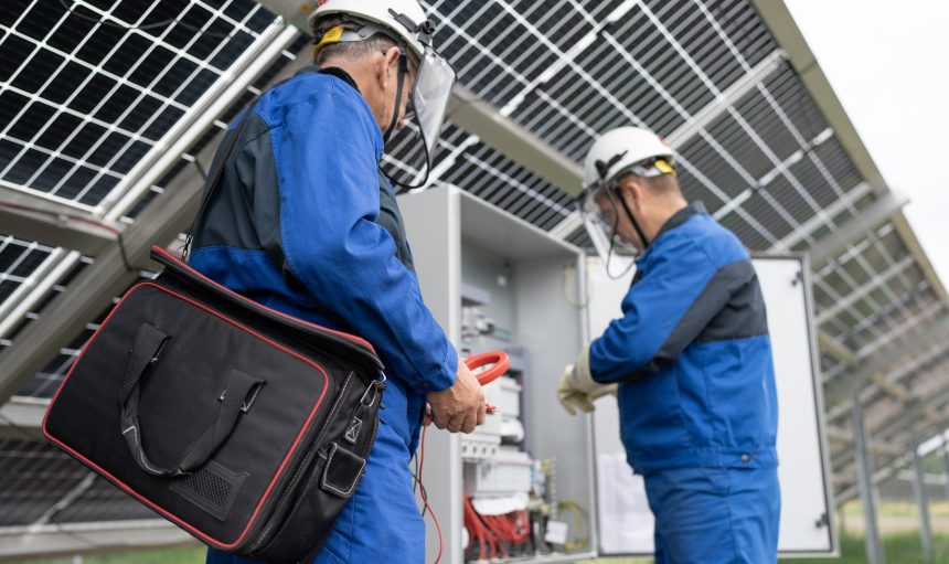 Two Service Engineers or electrician working on checking transformer site and solving problem for green energy solar power plant operation. Technician maintenance solar cells on Solar Energy Plant.