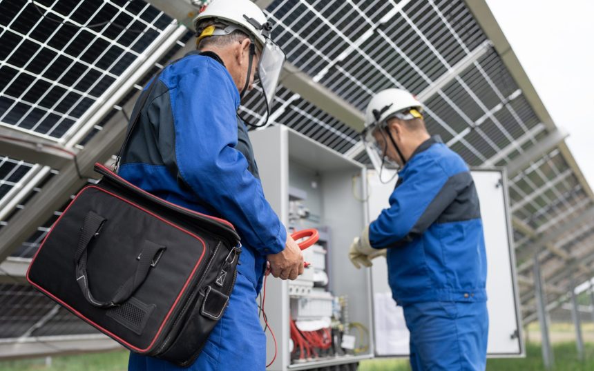 Two Service Engineers or electrician working on checking transformer site and solving problem for green energy solar power plant operation. Technician maintenance solar cells on Solar Energy Plant Two Service Engineers or electrician working on checking transformer site and solving problem for green energy solar power plant operation. Technician maintenance solar cells on Solar Energy Plant.