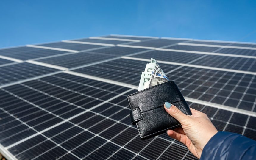 beautiful female hand holds black wallet with dollar bills, which she holds close to the sun. beautiful female hand holds a black wallet with dollar bills, which she holds close to the sun. concept of green electricity. business. purchase of solar panels