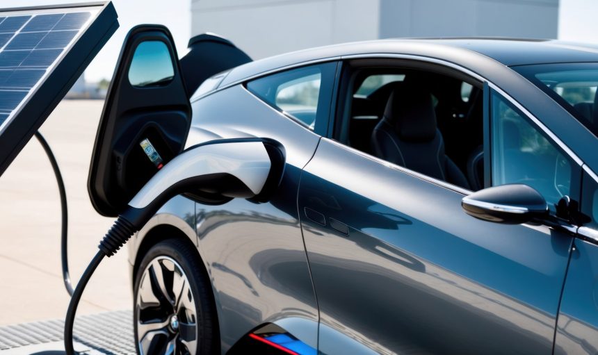 A closeup of a sleek electric vehicle charging, symbolizing modern eco friendly transport