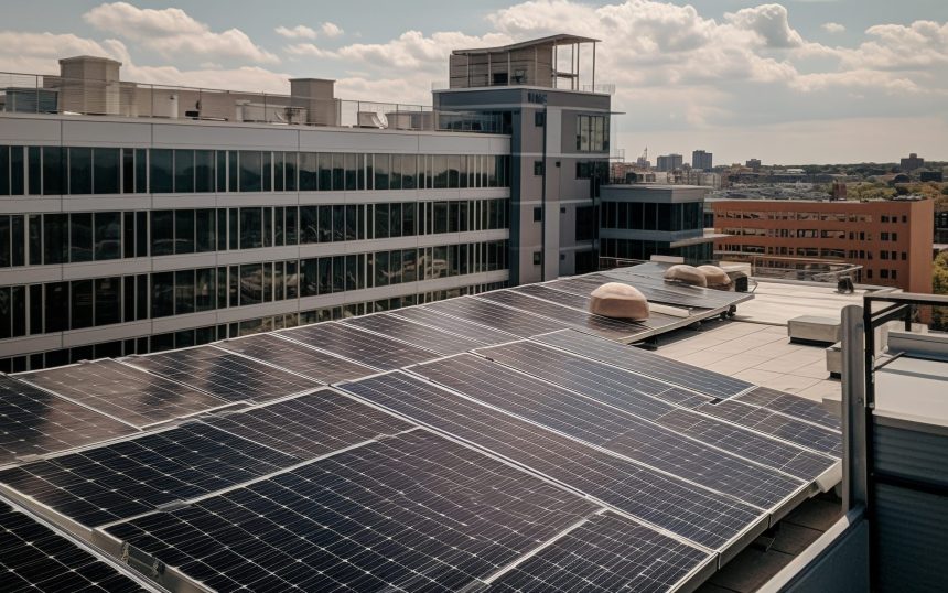 Modern solar power station generates sustainable electricity outdoors generated by artificial intelligence